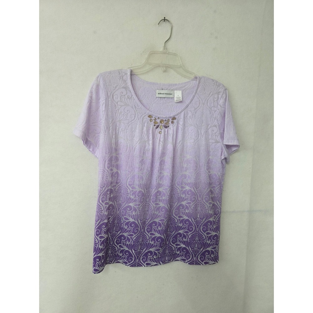 Alfred Dunner Top Womens Medium Purple Ombre Beaded Damask Short Sleeve Knit